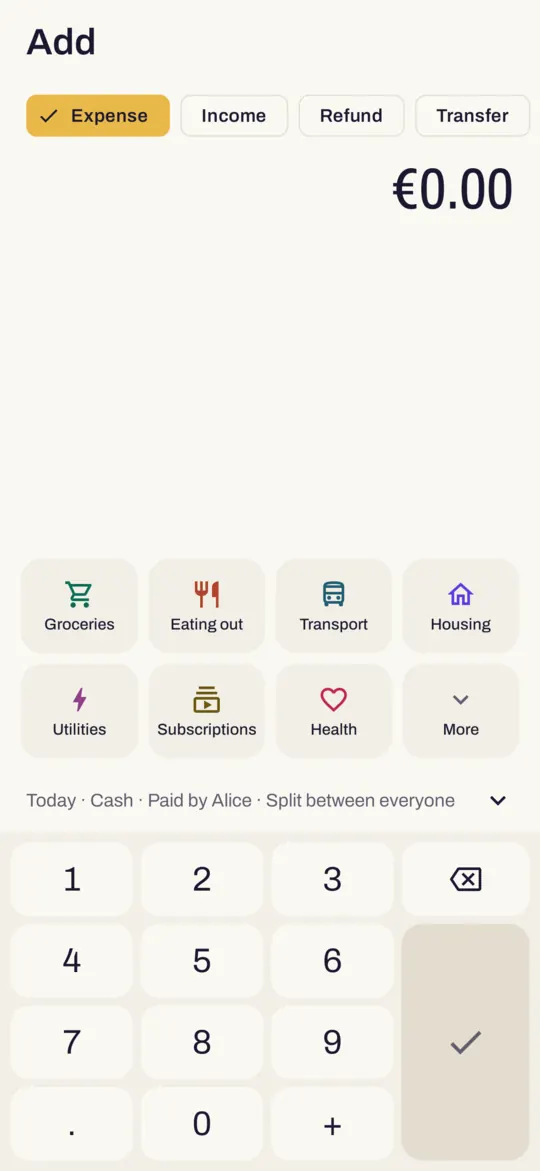 The Add screen: a keypad for the amount, with category tiles for groceries, eating out, transport, utilities, subscriptions and health.