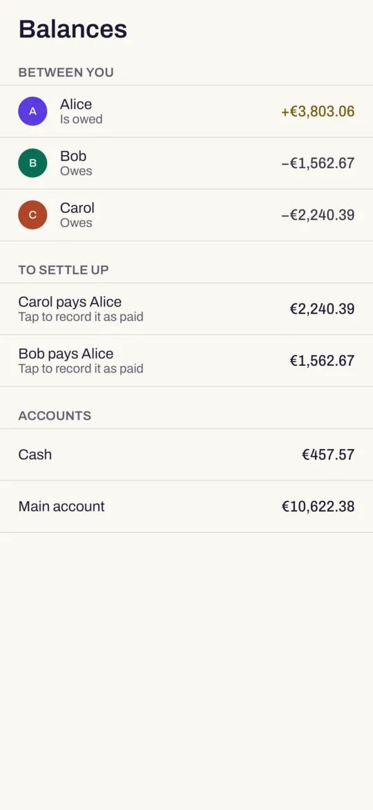 The Balances screen: who is owed and who owes, what to settle up, and the balance of each account.