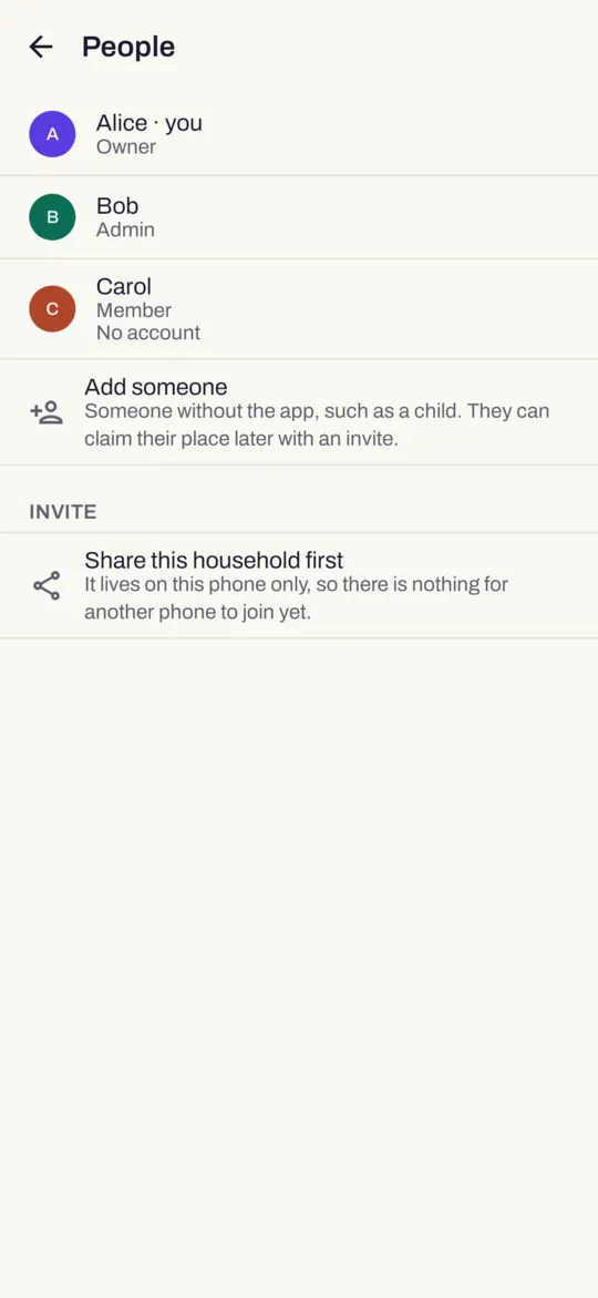The People screen: household members, each with a colour and initials, and a way to share the household with another phone.
