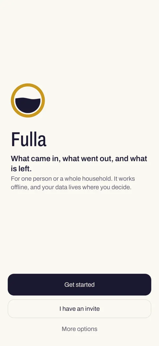 The Welcome screen: the golden band, Get started, I have an invite, and More options.
